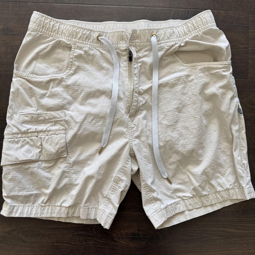 BYLT Weekender Shorts Mens Large Bone Cargo Zip Pocket Drawstring Stretch Cotton